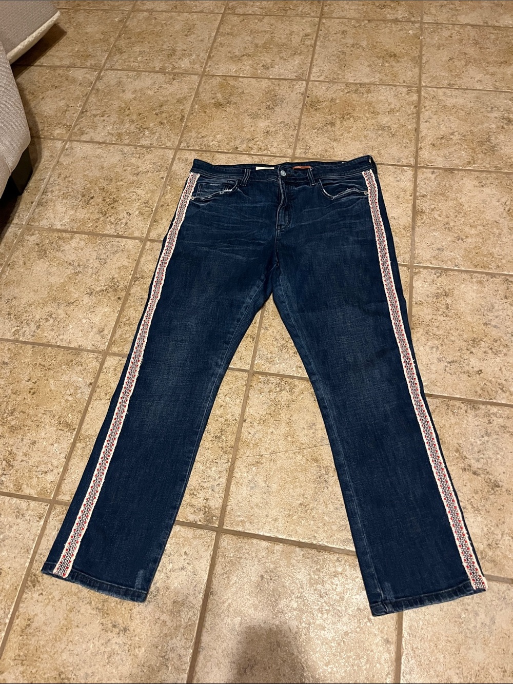 Pilcro Dark Blue Slim Boyfriend Crop Jeans with Pink and Cream Side Stripe
